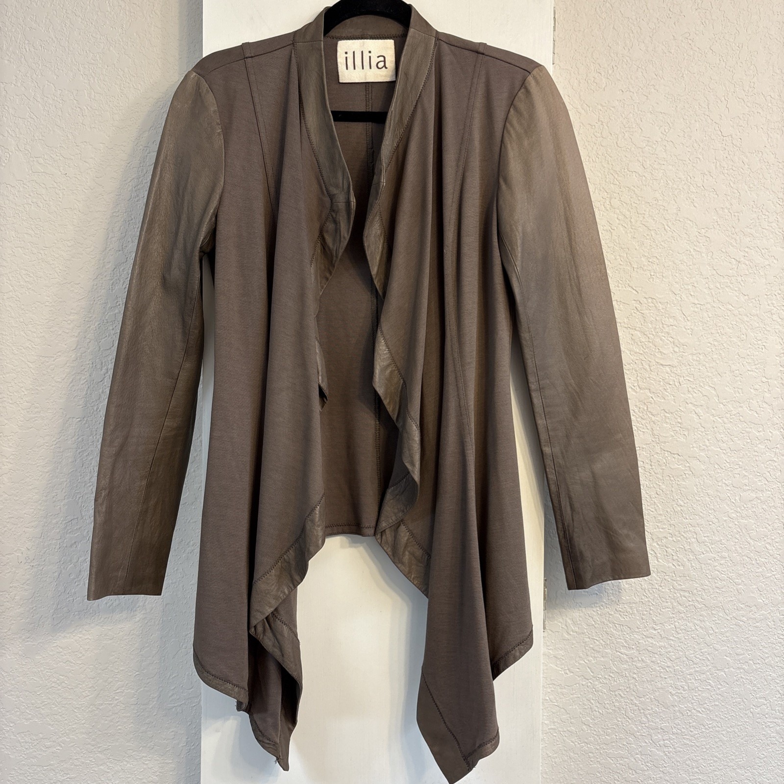 Illia Light Brown Leather & Knit Open Cardigan Jacket Sz 4 Usa Boho Western